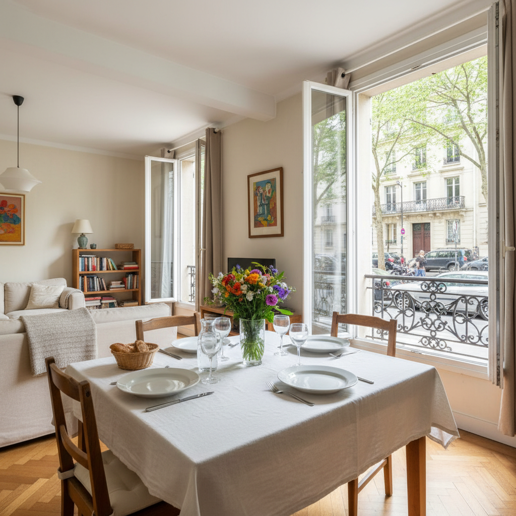Intérieur d'un appartement français, prêt pour un repas.
