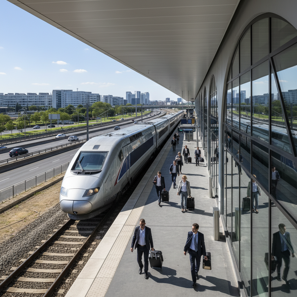 Un TGV quitte une gare par une journée ensoleillée.