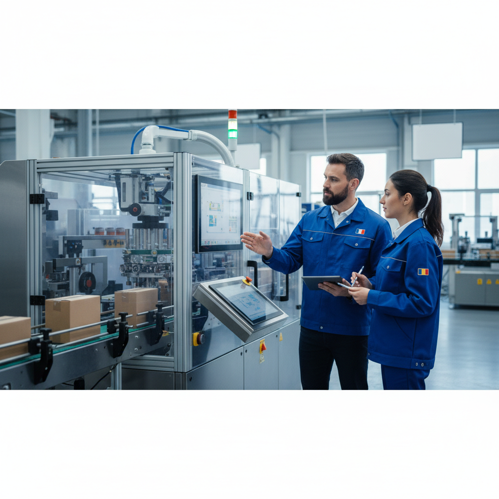Collaboration entre employés français et roumains sur une machine.