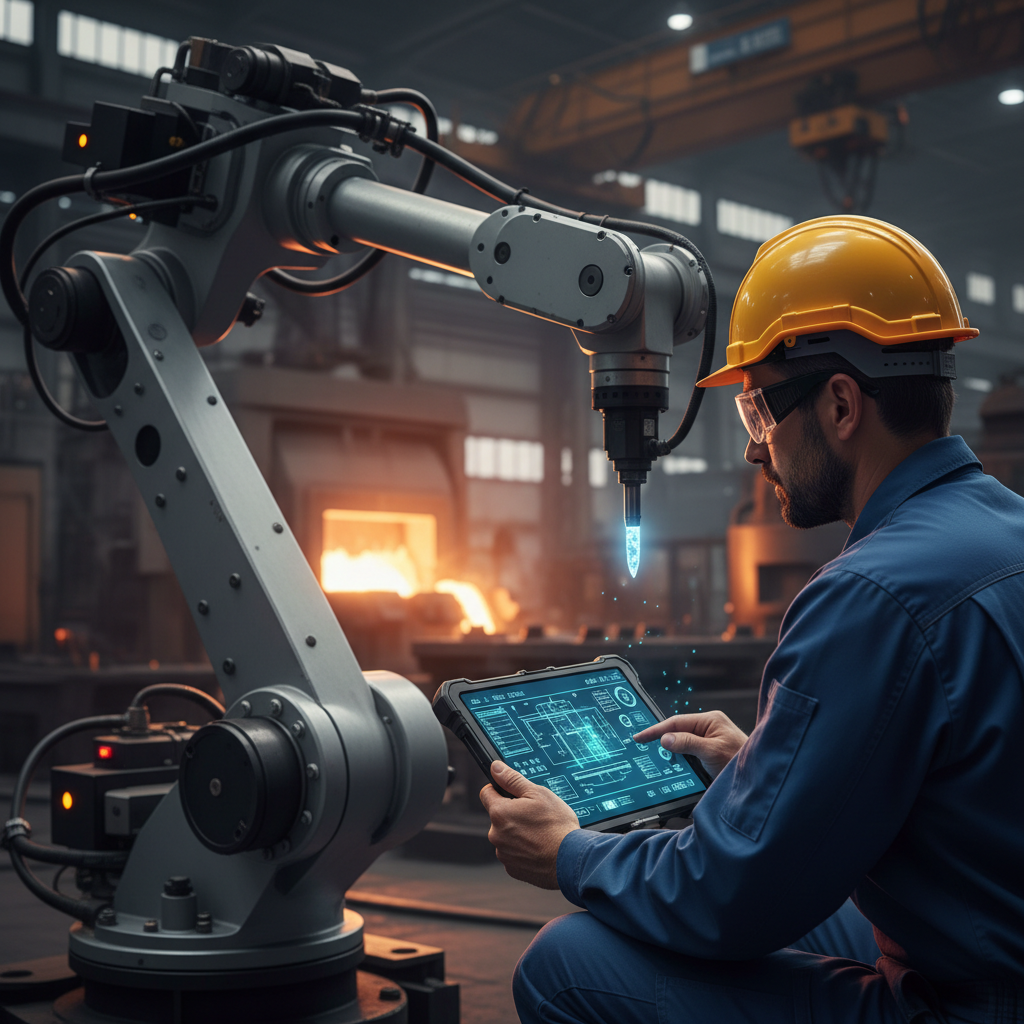 Technicien diagnostiquant une machine robotisée sur tablette.