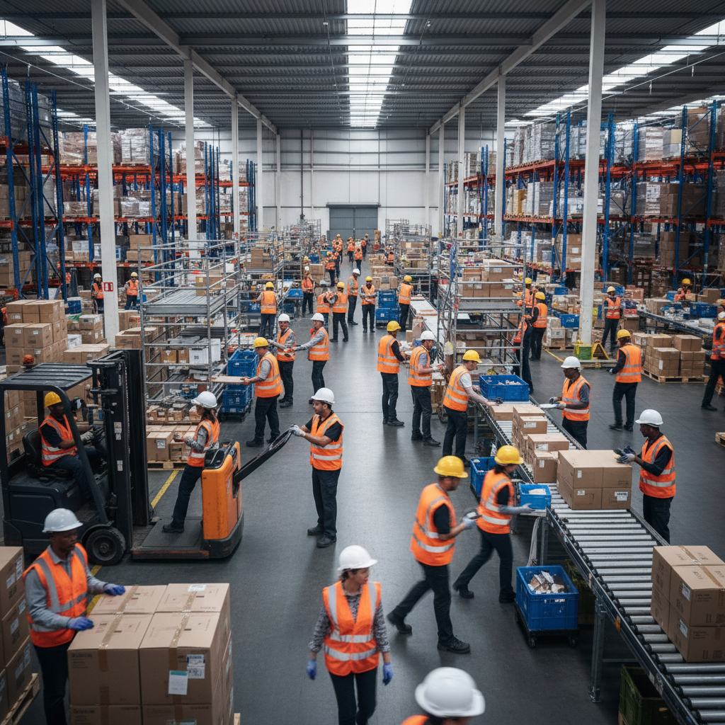 Entrepôt logistique animé par des travailleurs temporaires durant les pics d'activité.
