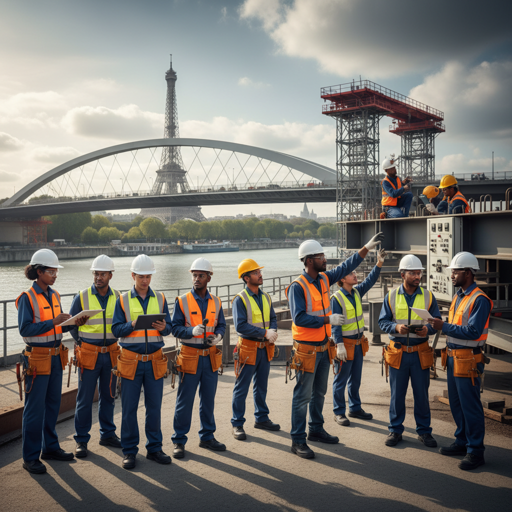 Travailleurs diversifiés sur un grand projet en France, illustrant le recrutement intérim national.