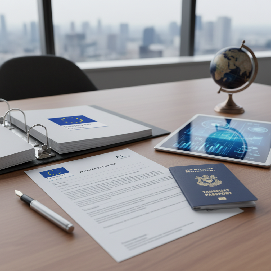 Bureau avec documents européens, formulaire A1 et passeport pour le détachement international.