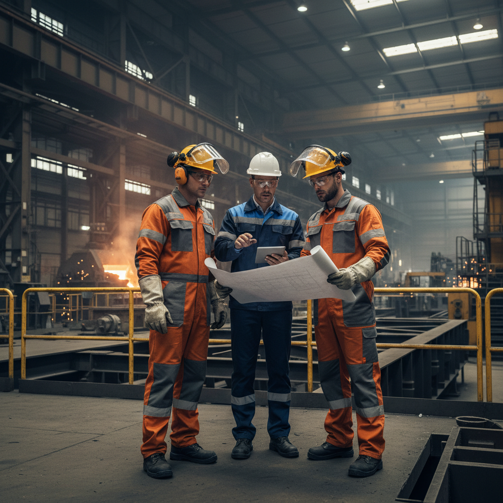 Réunion de chantier entre manager et intérimaires en usine sidérurgique.