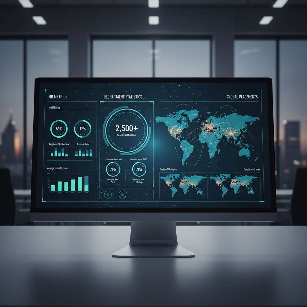 Tableau de bord RH moderne symbolisant une agence de recrutement internationale.
