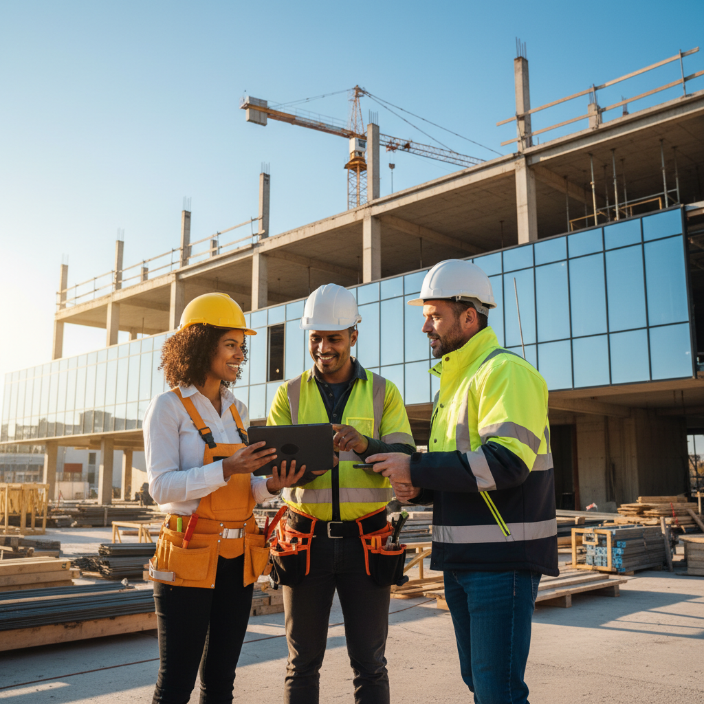 Équipe de construction diverse examinant un plan sur tablette sur un chantier moderne.