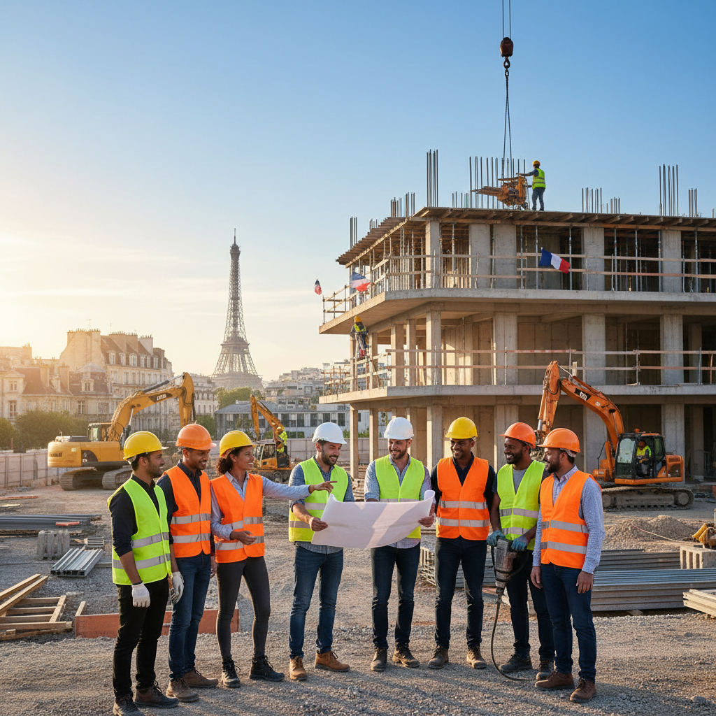 Chantier de construction diversifié avec des travailleurs de différentes nationalités.